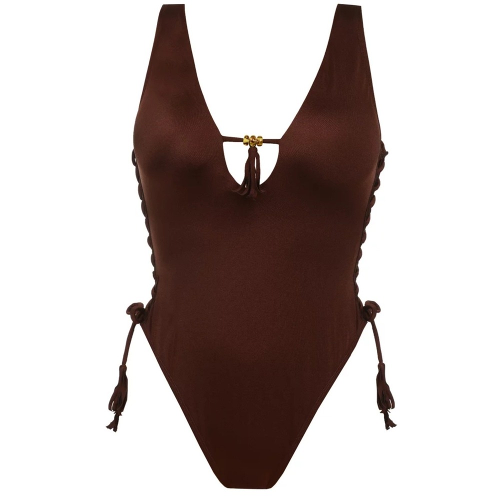 Ashley Graham Womens Plus Size Brown Fringe Swim Suit One Piece Tummy Control